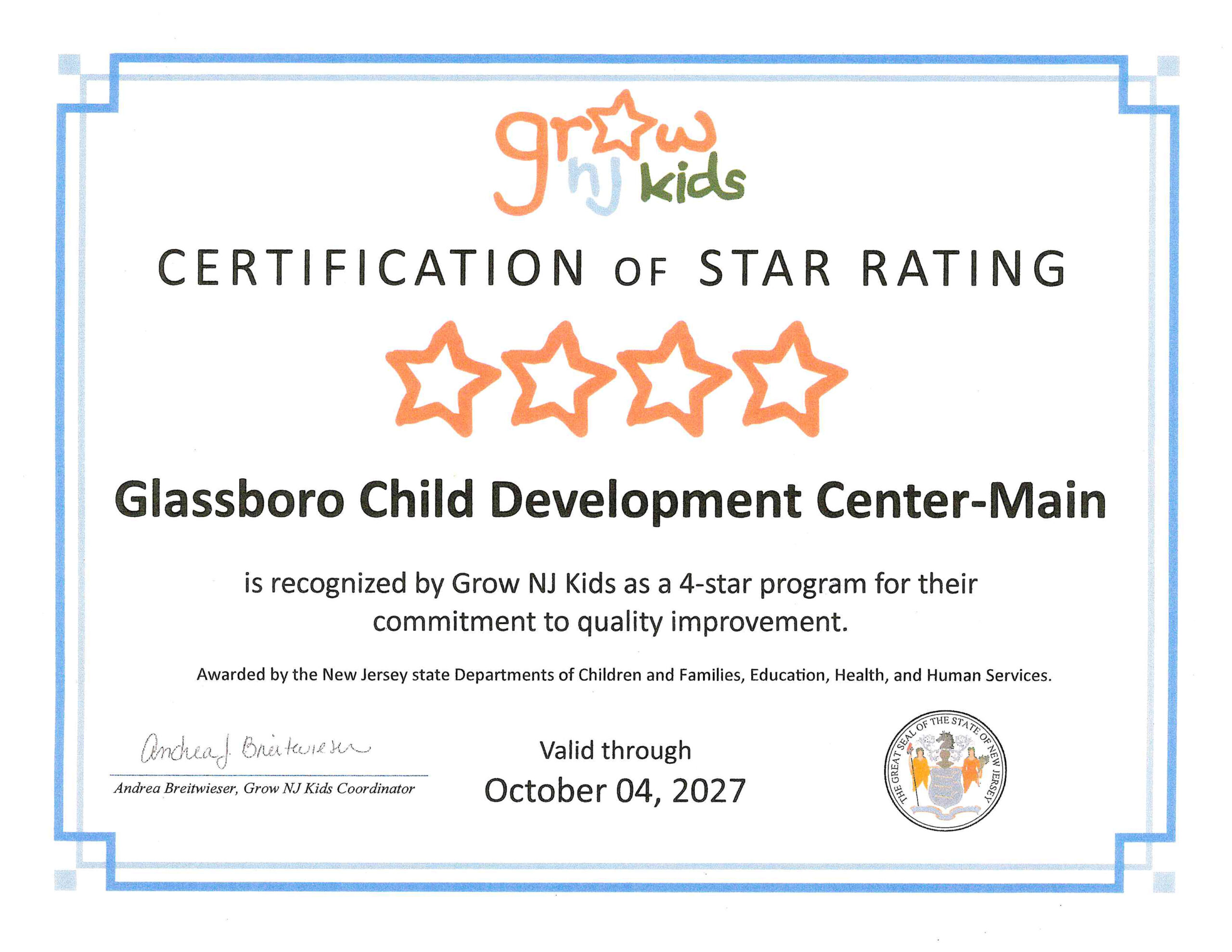 GCDC Receives 4 Star Rating from Grow NJ Kids